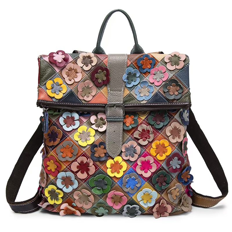 Fashion Backpack Women - Vintage Women Genuine Leather Backpack Flower